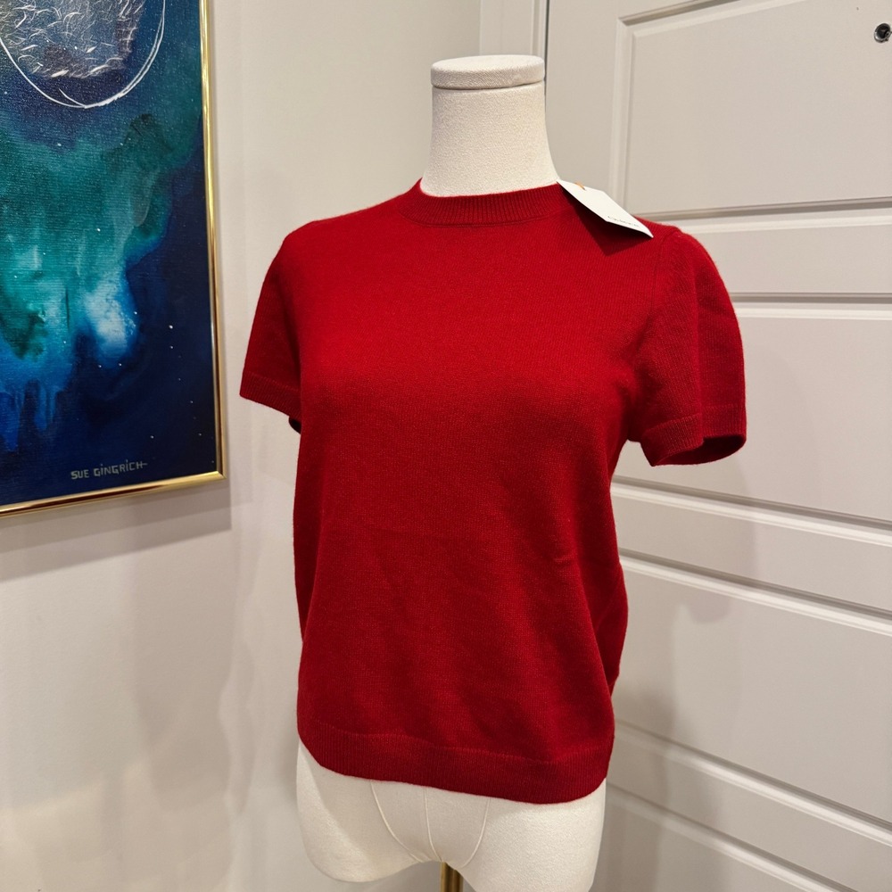 Quince 100% Mongolian Cashmere Short Sleeve Crewneck Sweater Red Small NWT